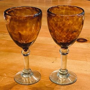 2 Hand Blown Amber Colored Wine Glasses. Qty 2